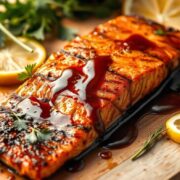 baked teriyaki salmon with sticky teriyaki sauce over it on a wooden plate