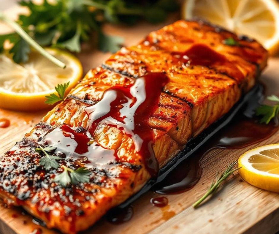 baked teriyaki salmon with sticky teriyaki sauce over it on a wooden plate