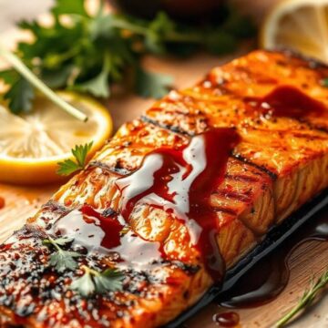 baked teriyaki salmon with sticky teriyaki sauce over it on a wooden plate