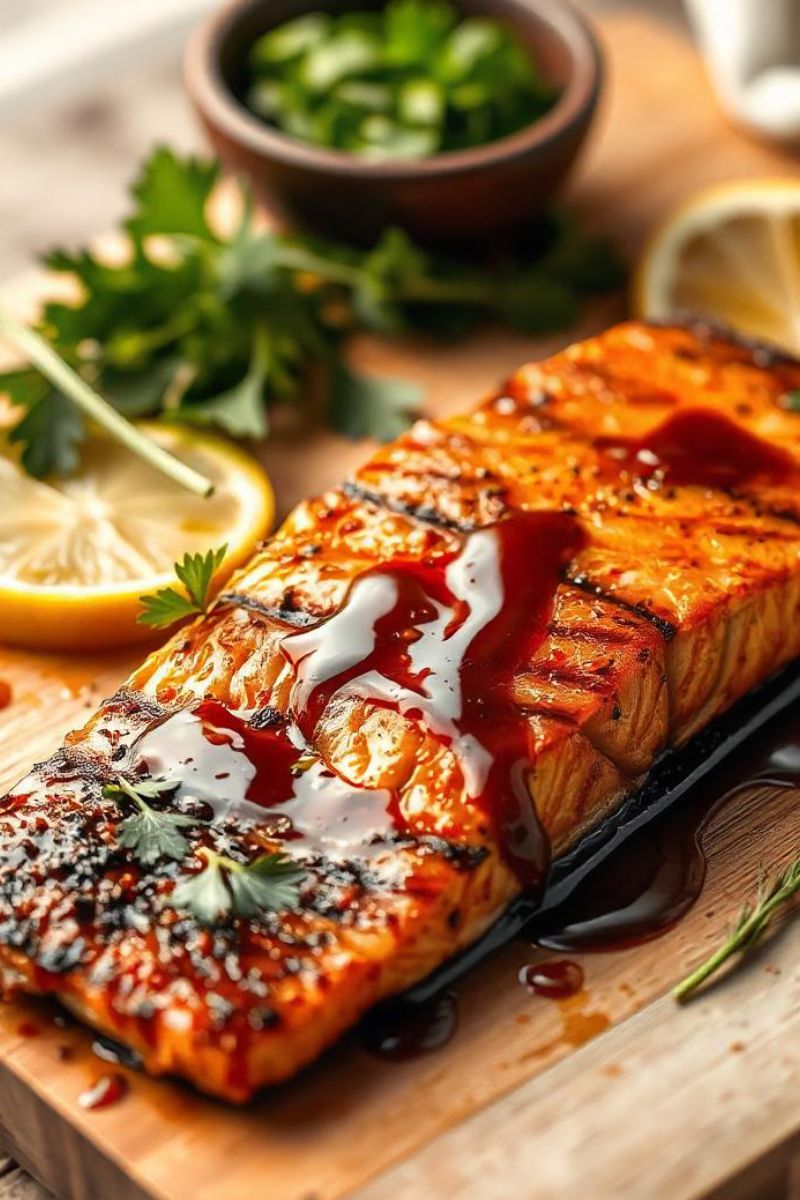 baked teriyaki salmon with sticky teriyaki sauce over it on a wooden plate