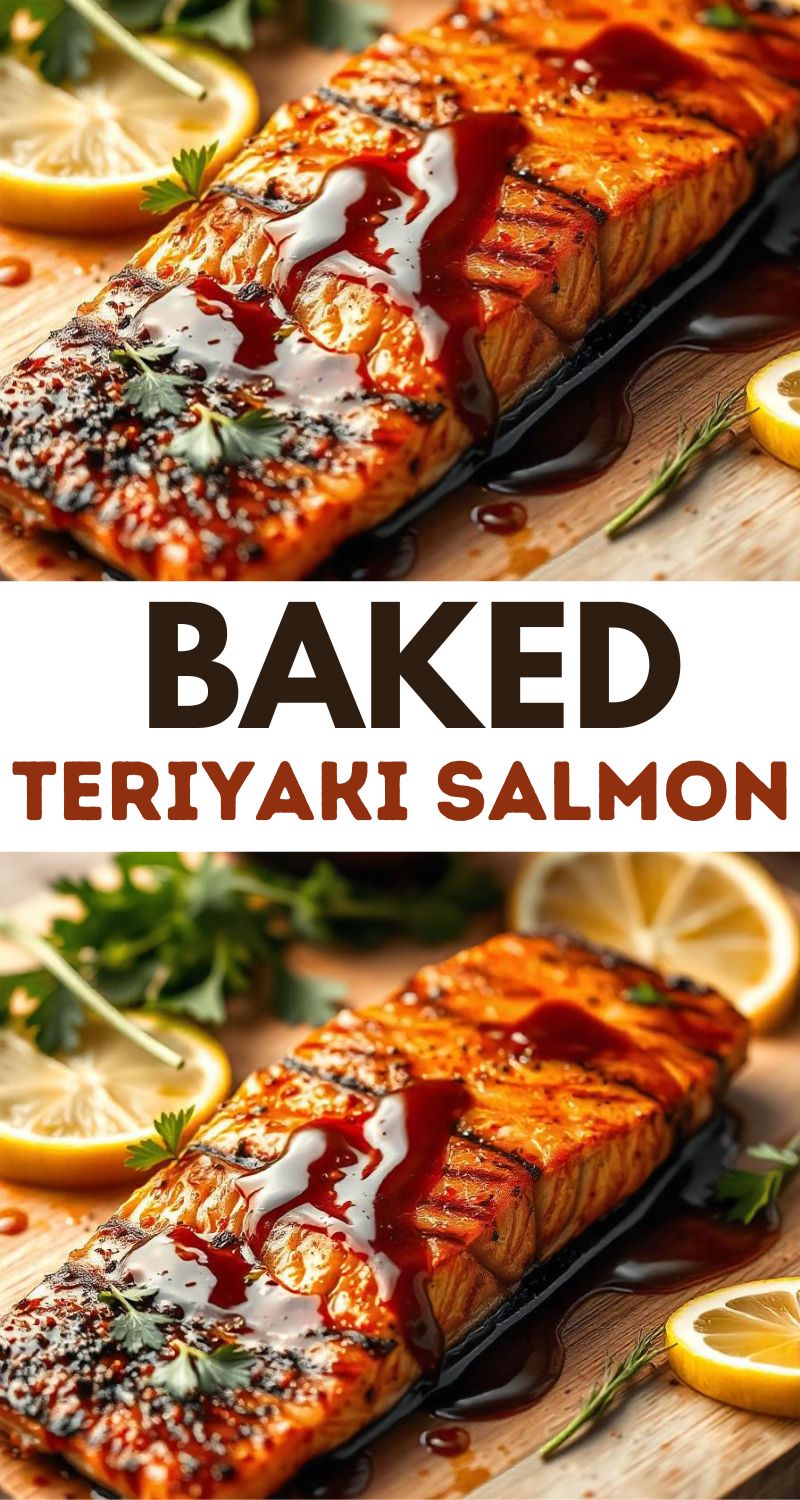 baked teriyaki salmon with sticky teriyaki sauce over it on a wooden plate