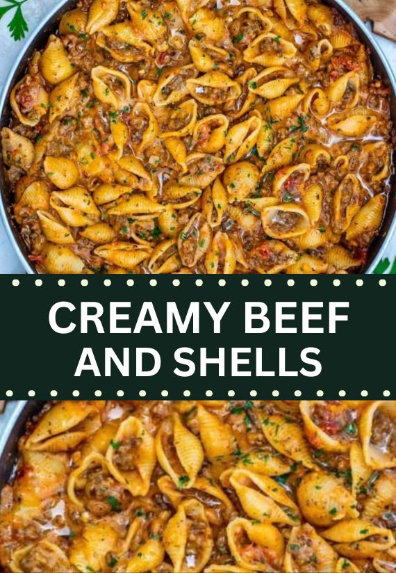 creamy beef and shells pinterest collage image