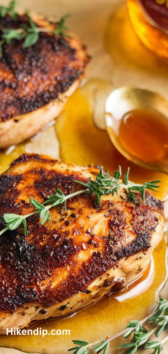 crispy hot honey chicken breast on a parchment paper garnished with thyme and a spoon of honey beside it