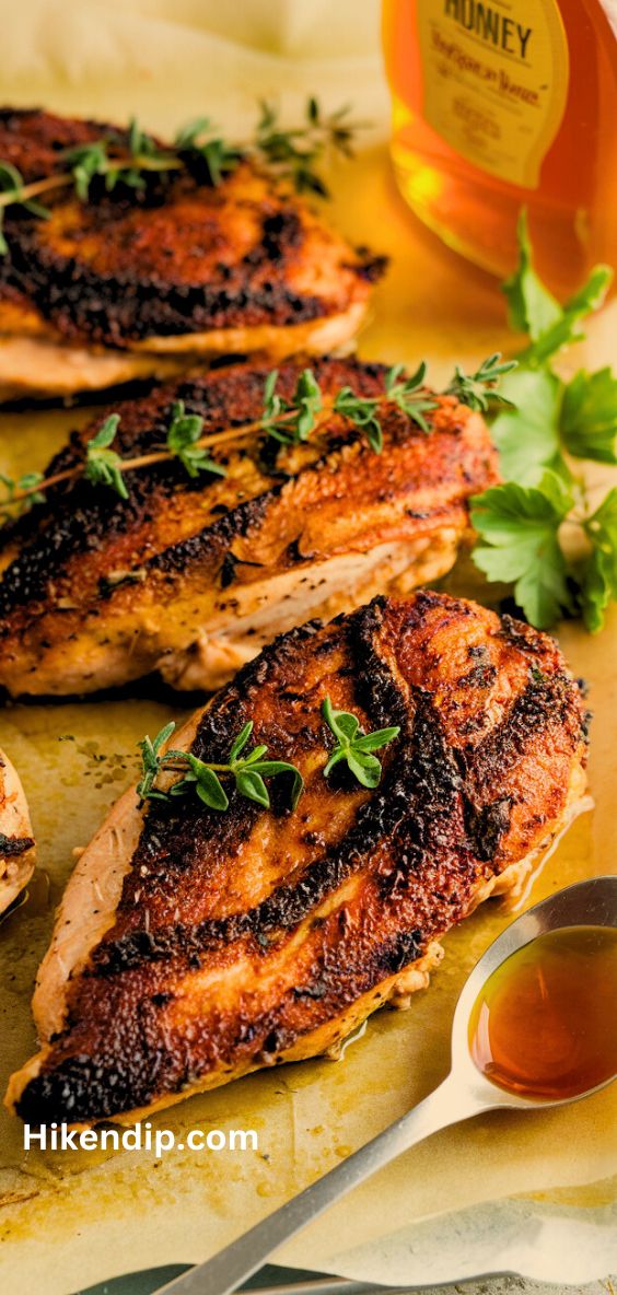 crispy hot honey chicken breast on a parchment paper garnished with thyme and a spoon of honey beside it