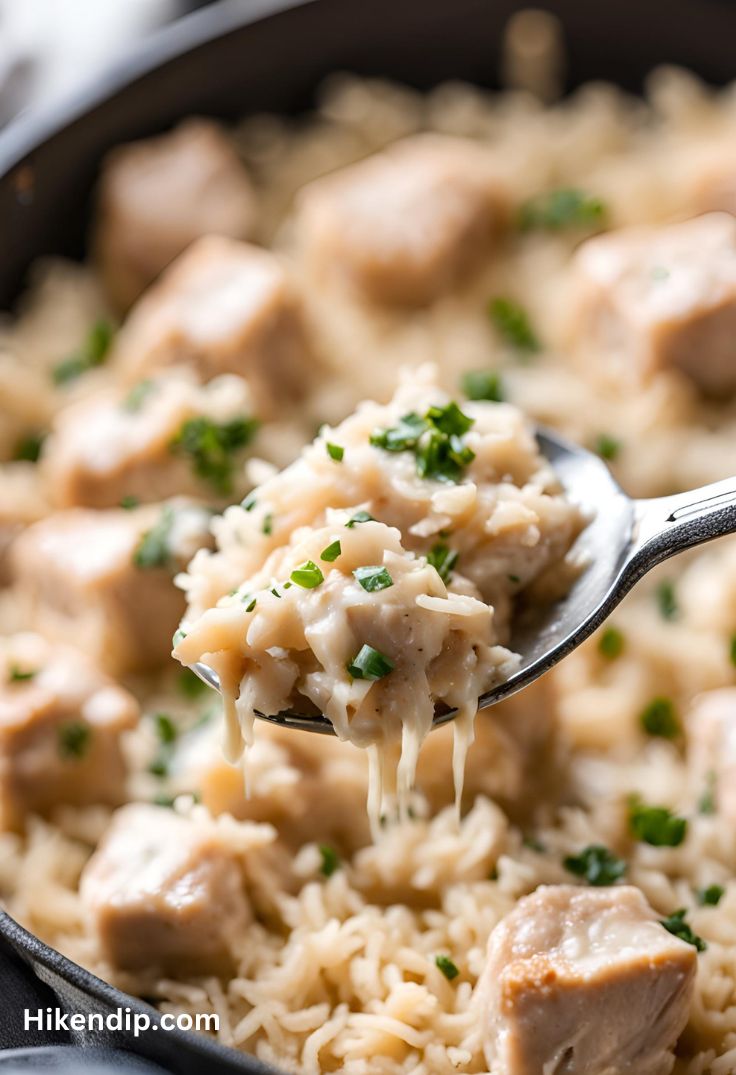 parmesan chicken and rice in a black skillet