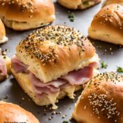 closeup of ham and cheese sliders