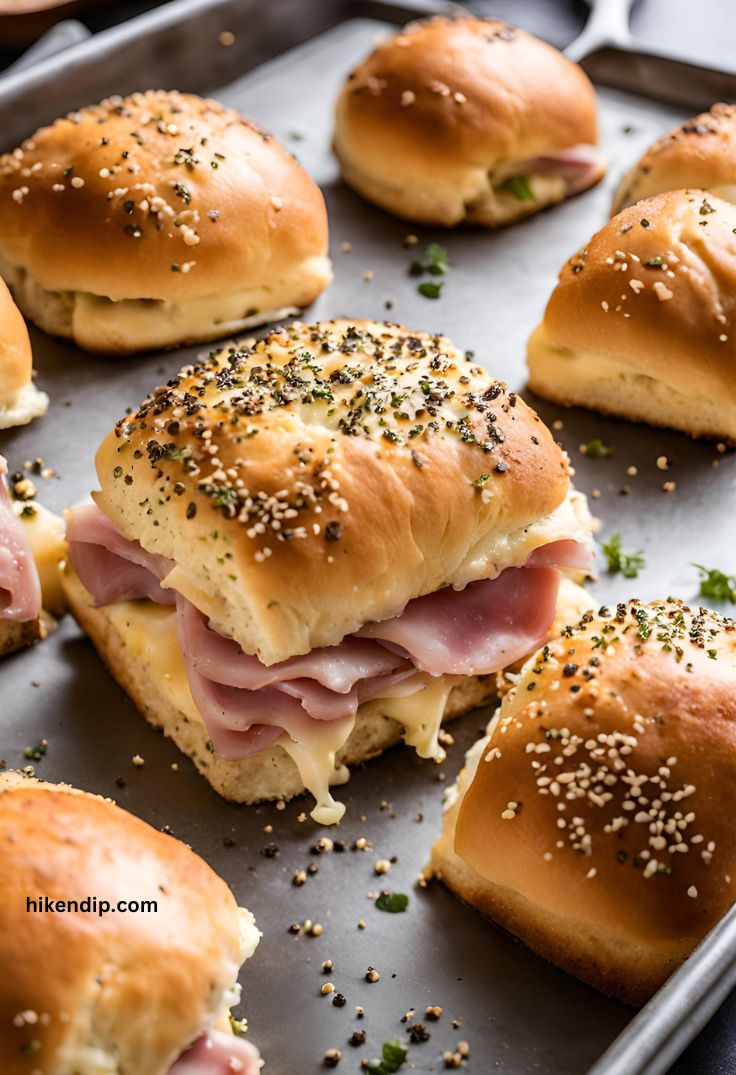 closeup of ham and cheese sliders