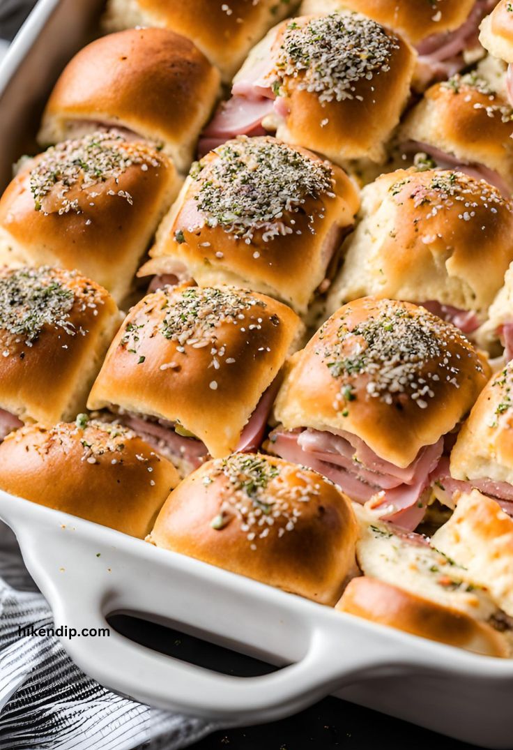 ham and cheese sliders after baking in a baking tray