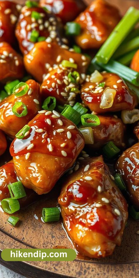 crispy honey garlic chicken with sesame seeds and green onions