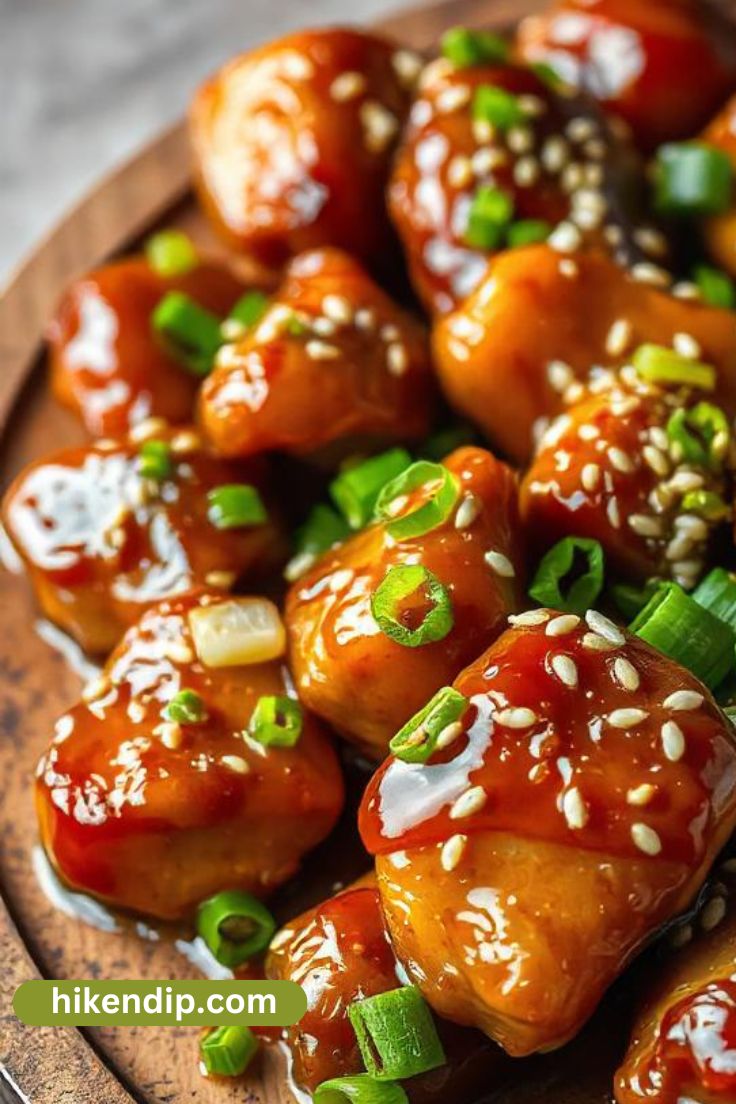 crispy honey garlic chicken with sesame seeds and green onions