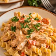 marry me chicken pasta on a white plate