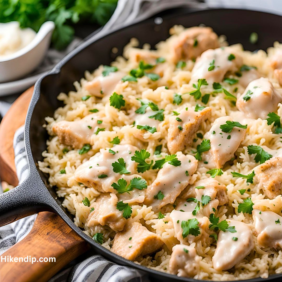 parmesan chicken and rice in a black skillet