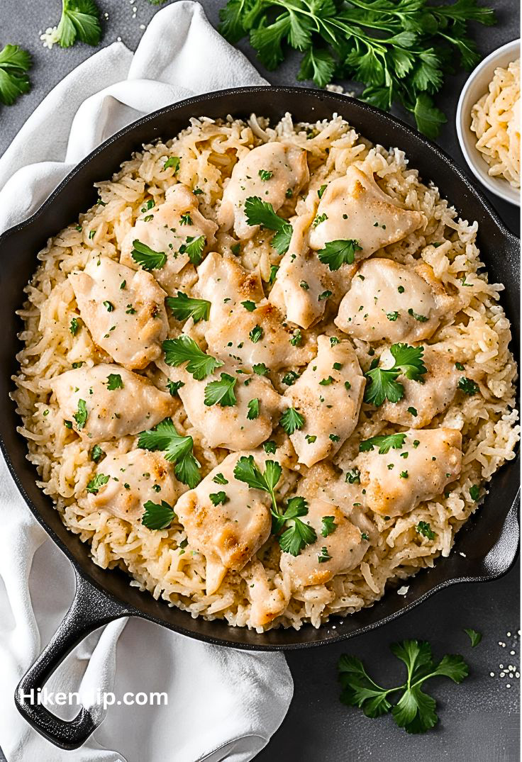 parmesan chicken and rice in a black skillet